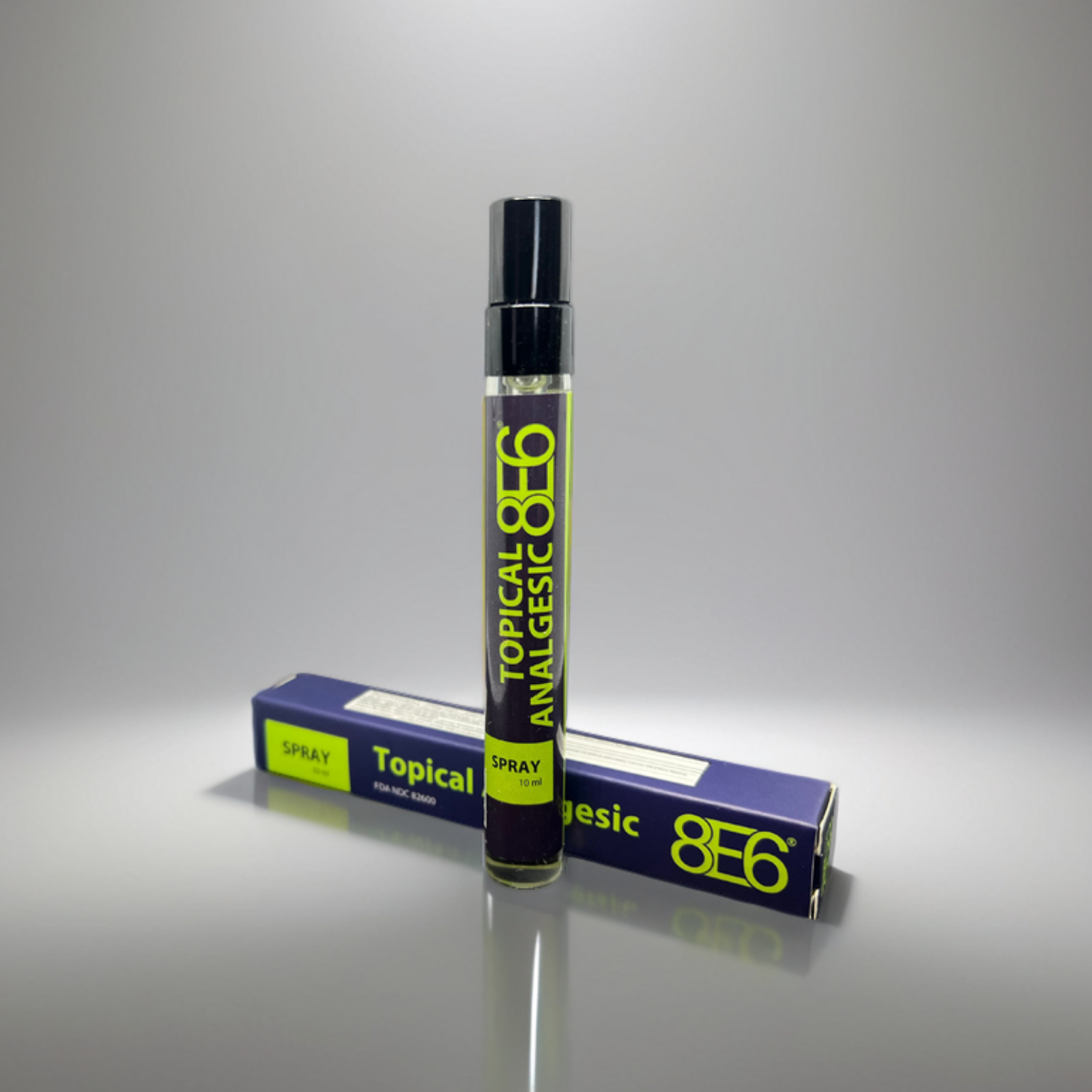 Topical analgesic spray with packaging on a gray background